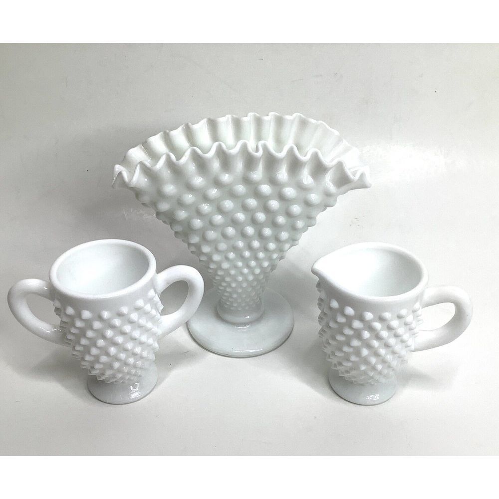 3 Hobnail Fenton Ruffled White‎ Milk Glass Creamer Sugar Cup Fan Vase Fenton?